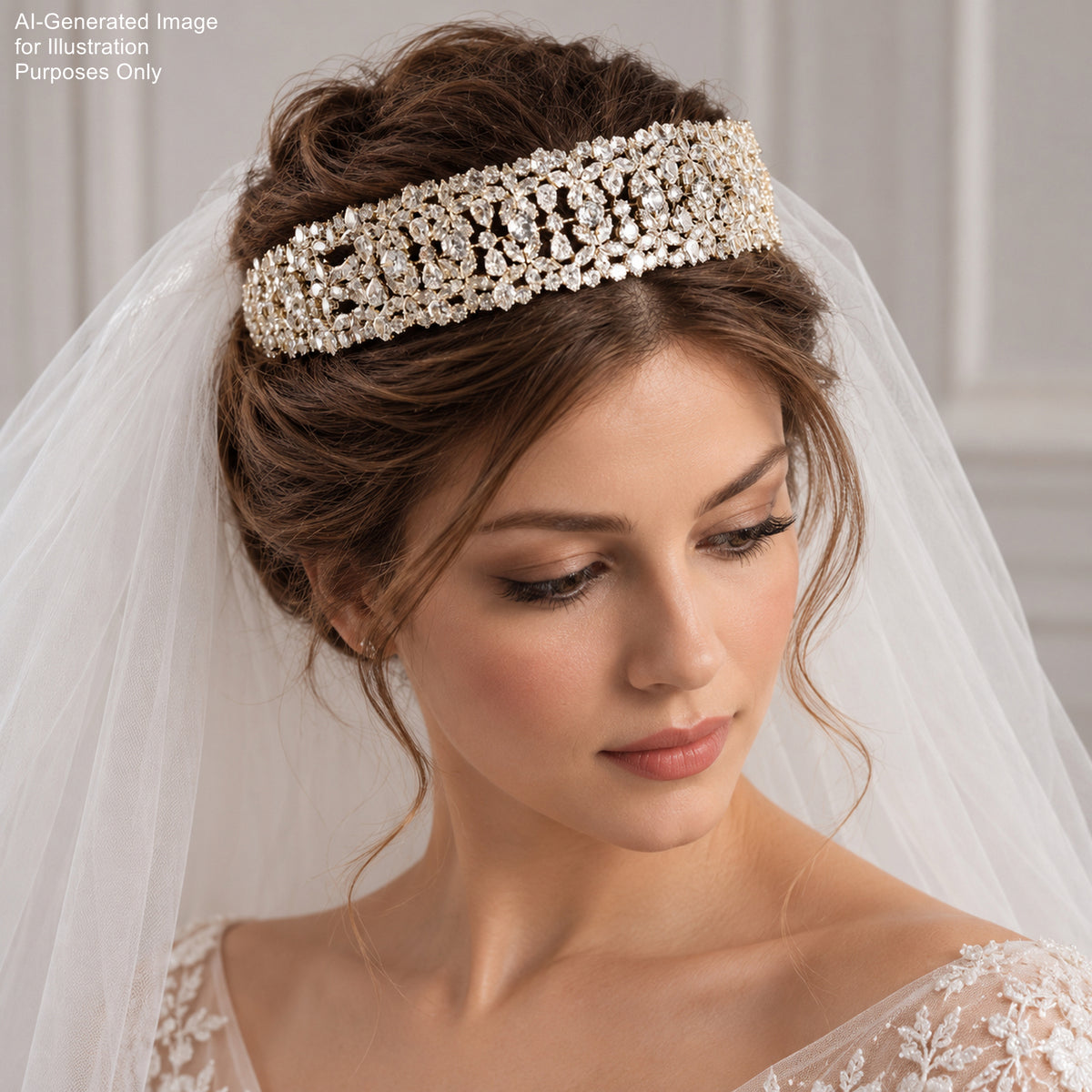 A woman wearing a white wedding dress with a large, ornate headpiece on her head.