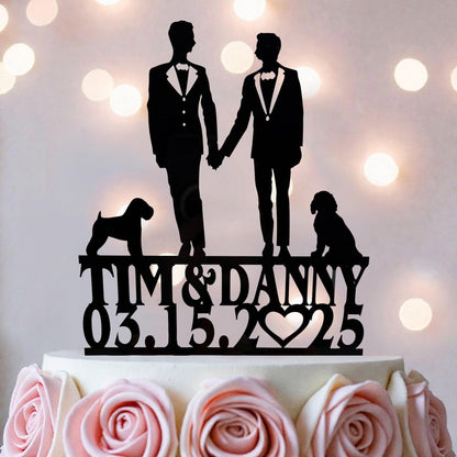 A silhouette of two men in suits holding hands, with a dog between them, on top of a cake. The text below the silhouette reads "Tim & Danny 03.15.25".