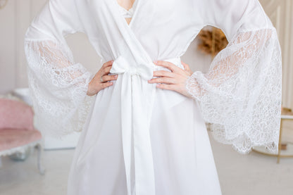 Long White Satin Bridal Robe, Lace Wedding Kimono, Elegant Bride Getting Ready Outfit