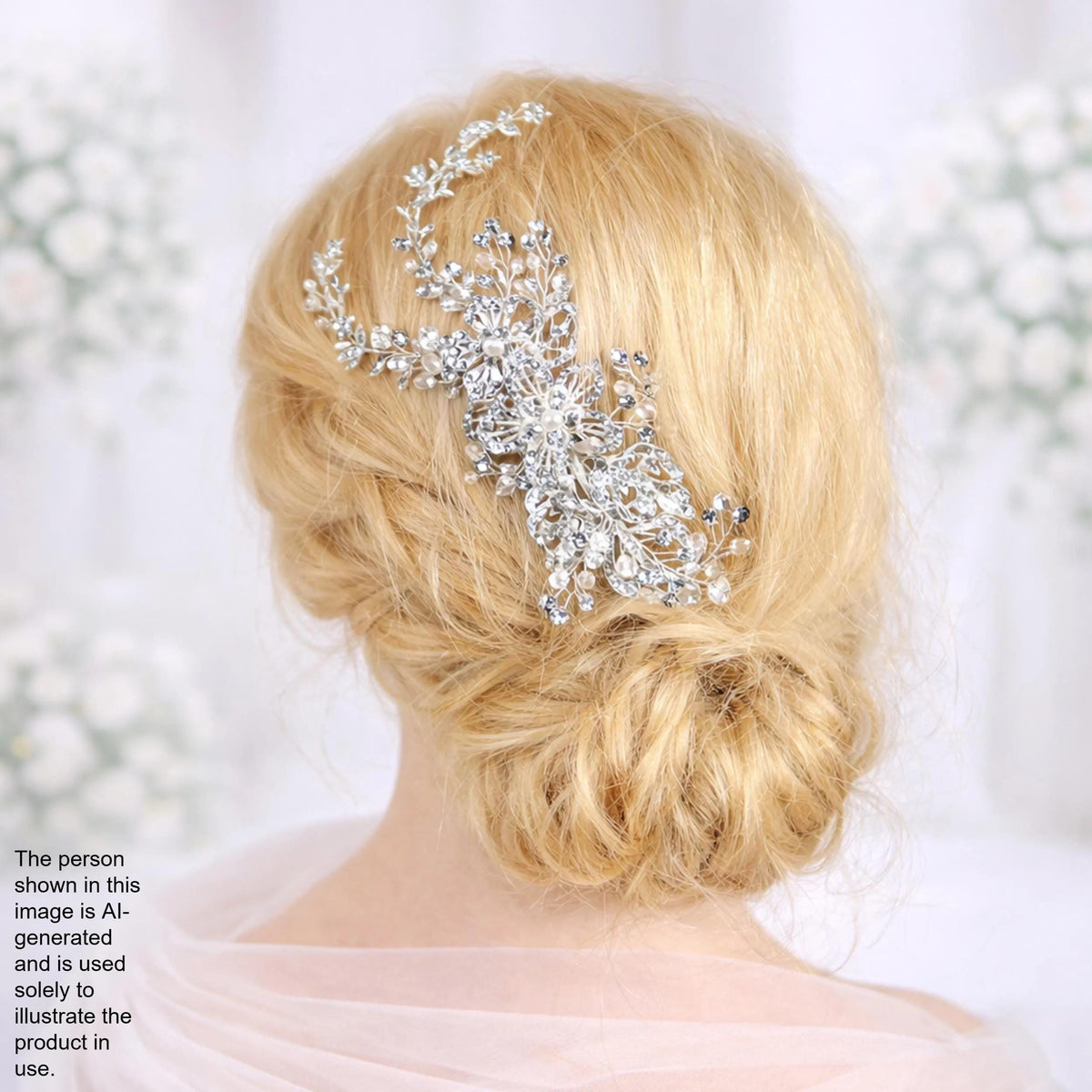 a close-up view of a woman's blonde hair with a decorative hair accessory, possibly a headband or hairpiece, on her head.