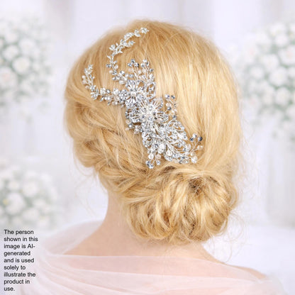 a close-up view of a woman's blonde hair with a decorative hair accessory, possibly a headband or hairpiece, on her head.