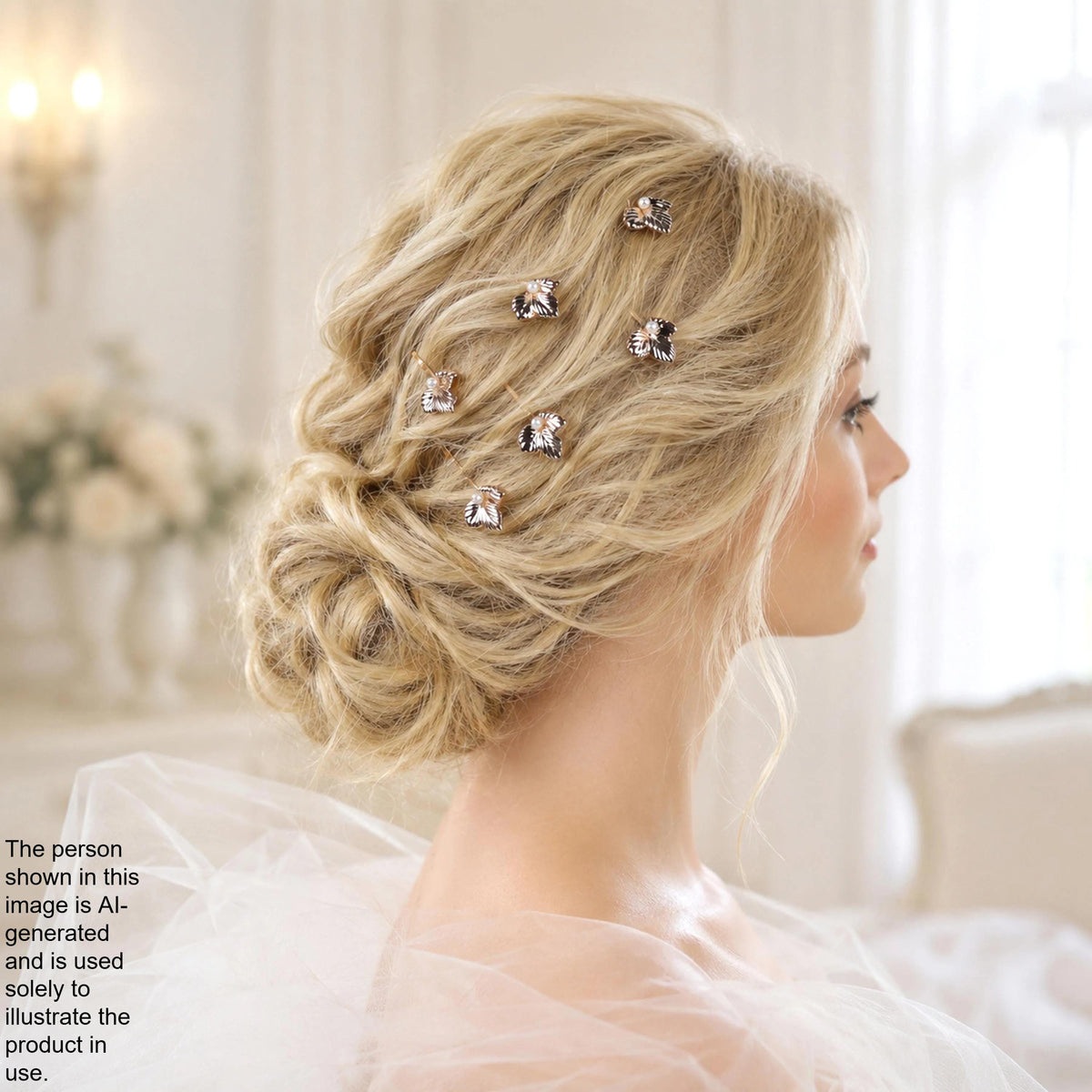 A woman with blonde hair styled in an updo, wearing a white dress and adorned with small rhinestone hair clips.