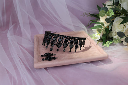 Black Crystal Tiara and Earrings Set, Gothic Wedding Headpiece, Bridal Crown Set