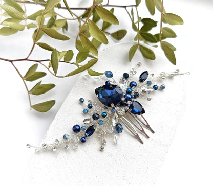 Navy Blue Crystal Wedding Hair Comb, Silver Bridal Hairpiece, 6 Inch