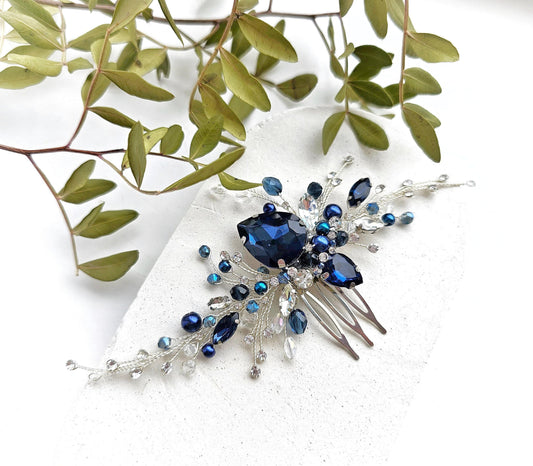Navy Blue Crystal Wedding Hair Comb, Silver Bridal Hairpiece, 6 Inch