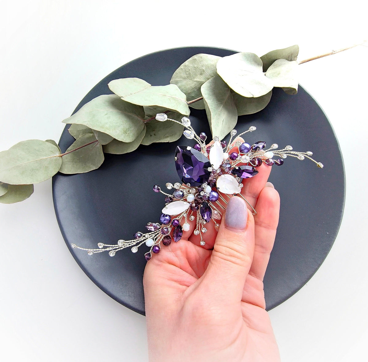 Purple Crystal Bridal Hair Comb, Opal Wedding Hairpiece, 6 Inch