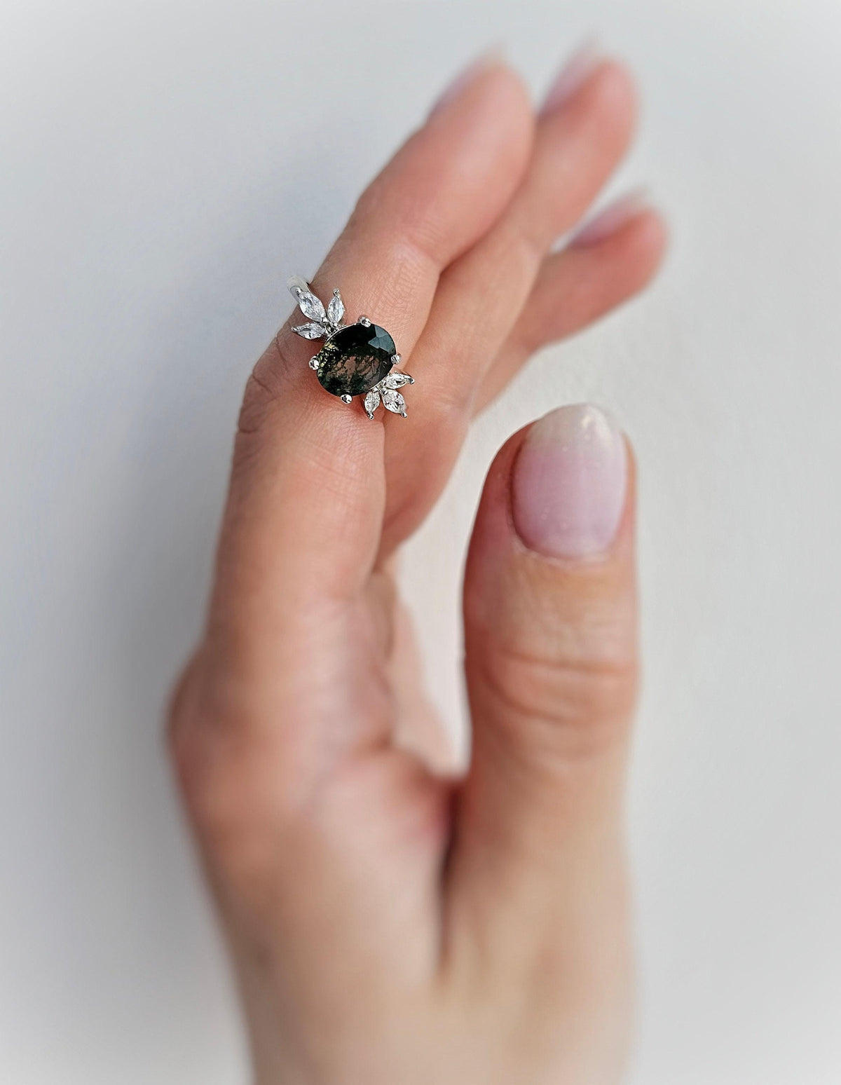 Oval Moss Agate Engagement Ring: Sterling Silver, CZ Accents