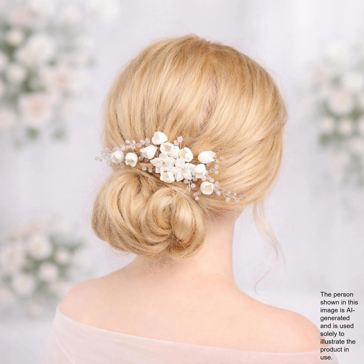 A woman with blonde hair styled in a bun, wearing a white flower hair accessory.