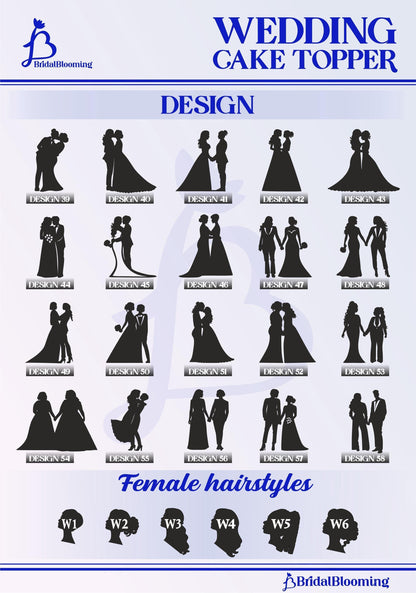 a wedding cake topper with silhouettes of bride and grooms