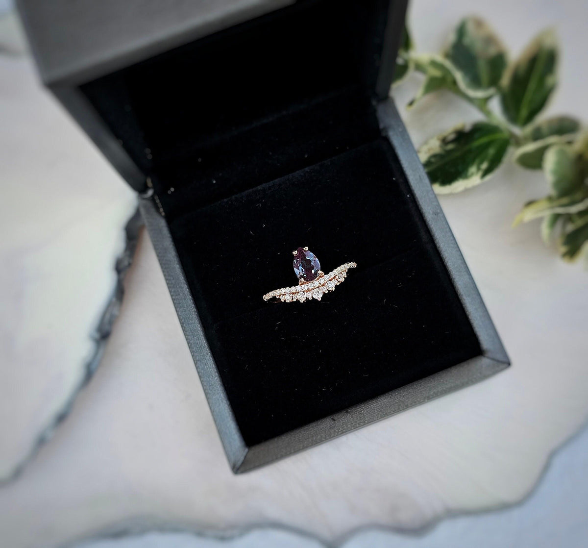 Teardrop Alexandrite Engagement Ring: Rose Gold Plated Sterling Silver