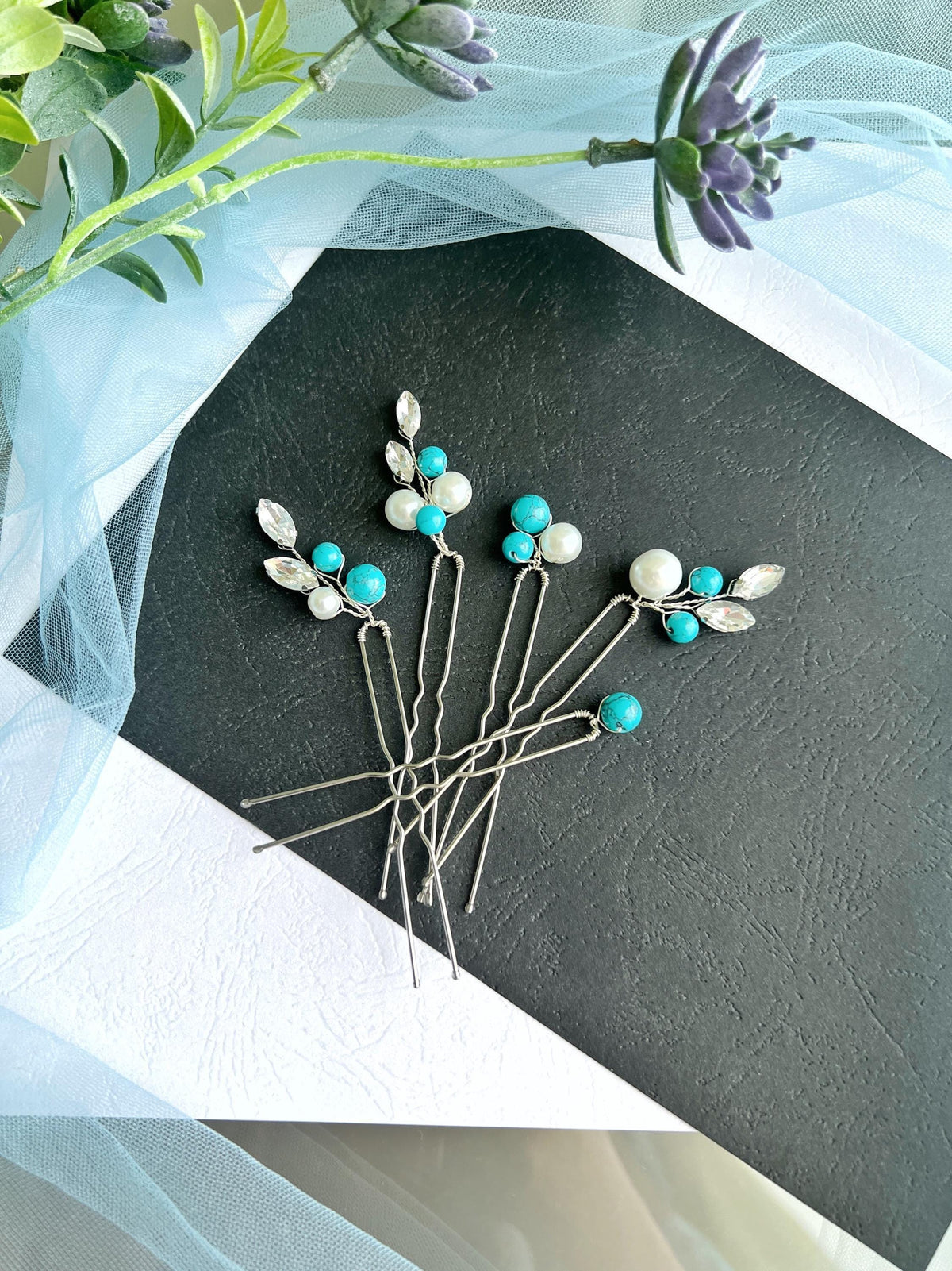 Turquoise Bridal Hair Pins Set of 5, Crystal Pearl Wedding Hairpiece, Blue Bridal Pins