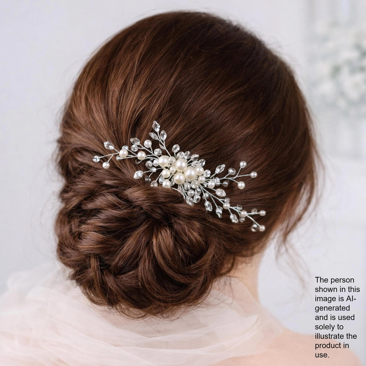 a woman's hair styled in a bun with a decorative hair accessory, featuring a combination of pearls and crystals.