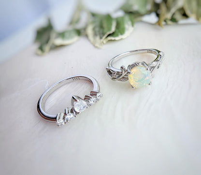 Opal Engagement Ring Set: Sterling Silver Bridal Rings with CZ