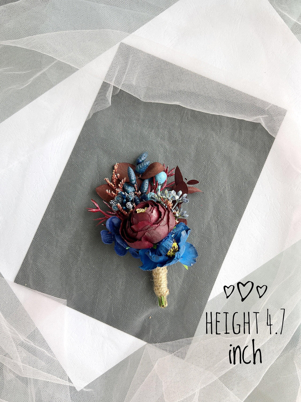 Burgundy Rose Groom Boutonniere, Navy Accents, Handmade