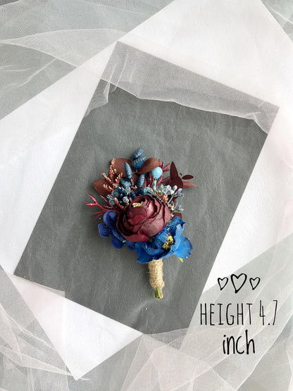 Burgundy Rose Groom Boutonniere, Navy Accents, Handmade