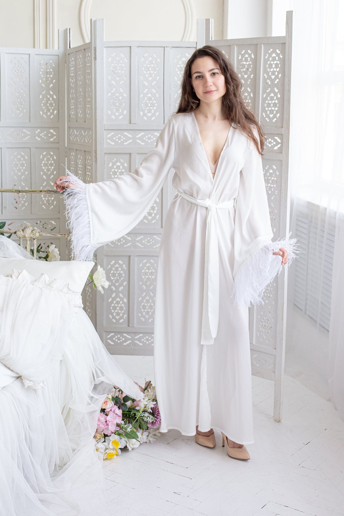 White Feather Bridal Robe, Italian Satin Wedding Kimono, Glamorous Honeymoon Gown