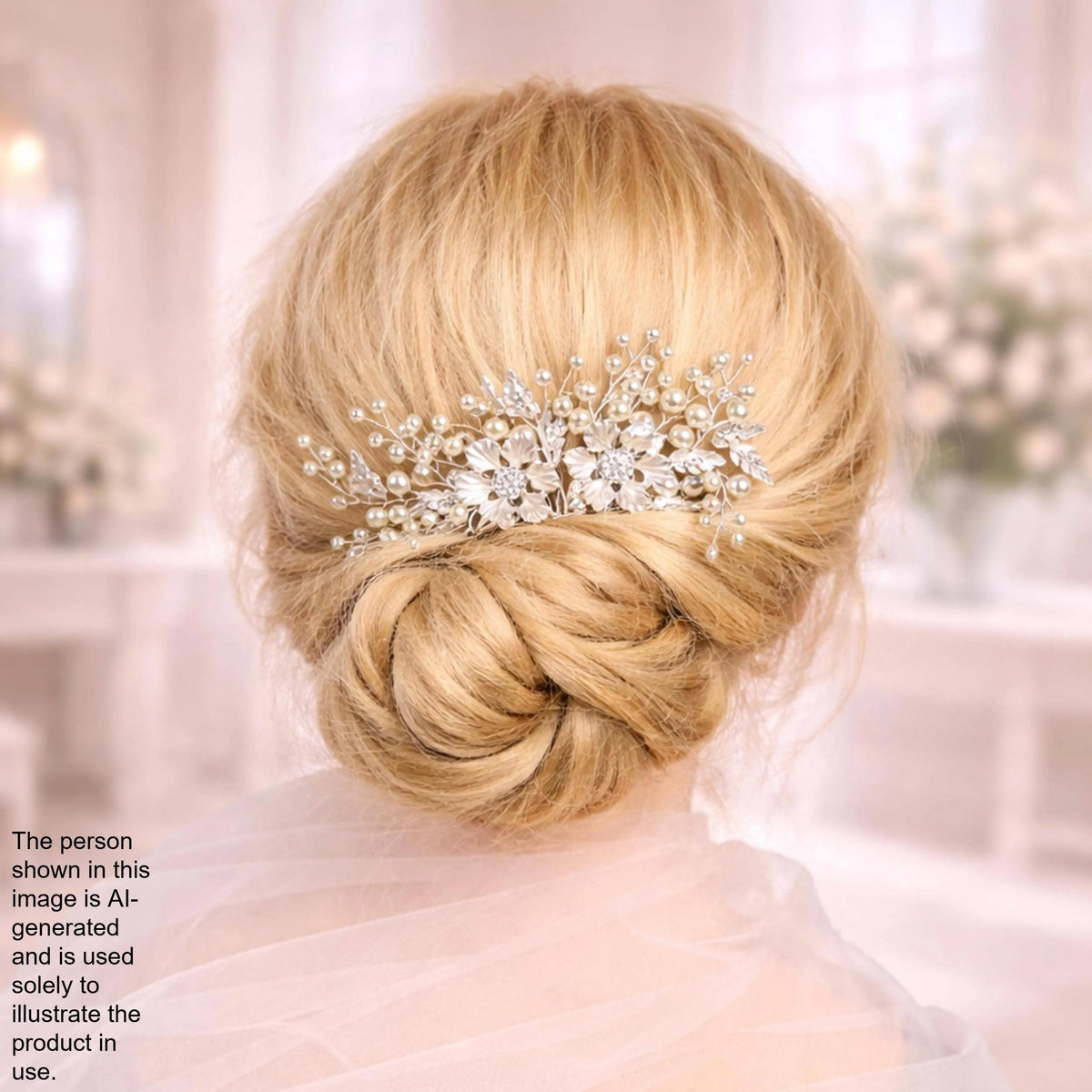 a woman's blonde hair styled in a bun with a decorative hair accessory, likely a veil or headpiece, on her head.