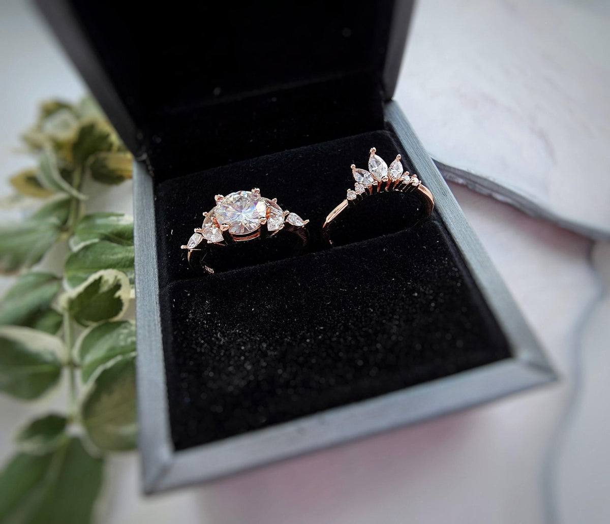 Vintage Moissanite Engagement Ring Set: Rose Gold Bridal Wedding Rings