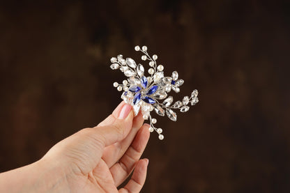 Blue Crystal Wedding Hair Comb, Silver Pearls & Rhinestone Bridal Hairpiece