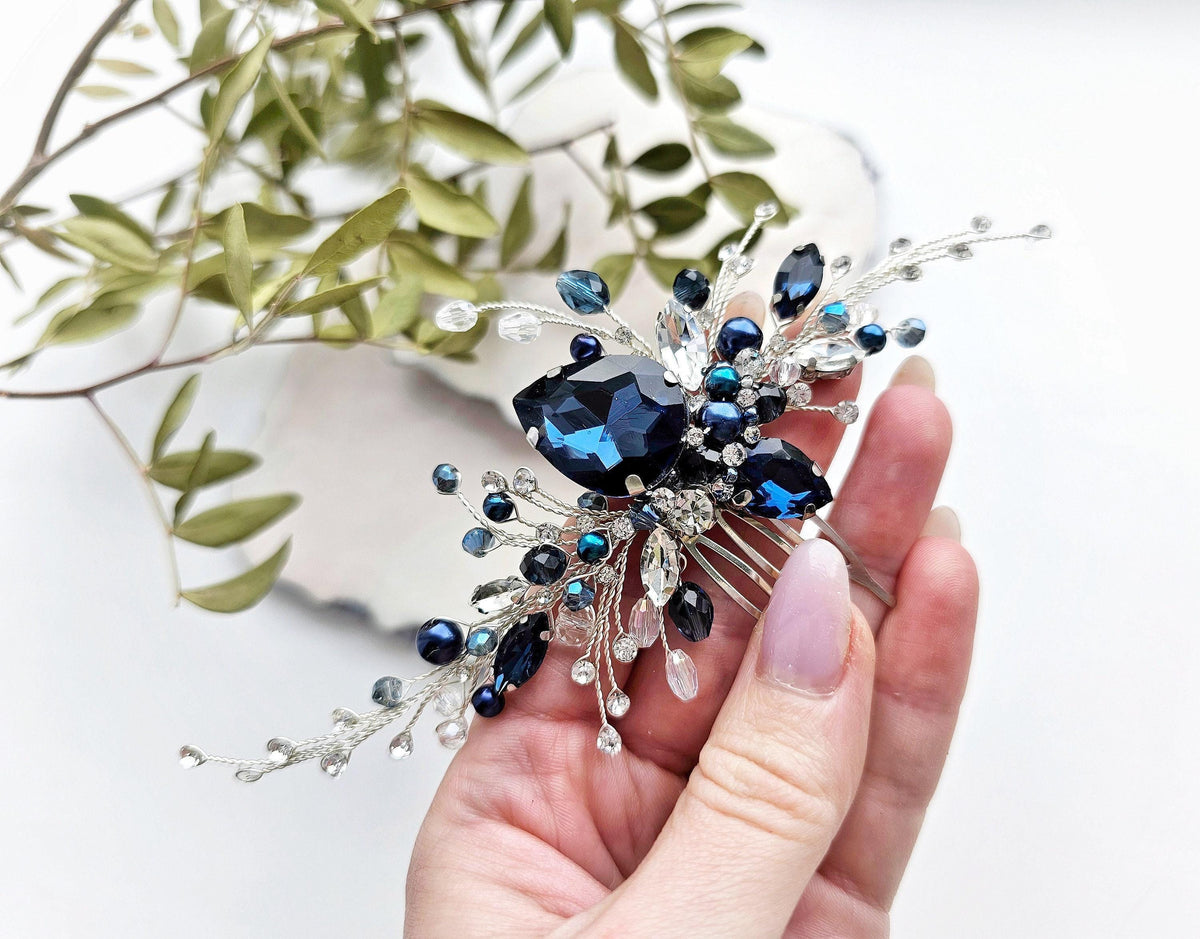 Navy Blue Crystal Wedding Hair Comb, Silver Bridal Hairpiece, 6 Inch