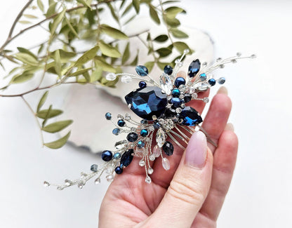 Navy Blue Crystal Wedding Hair Comb, Silver Bridal Hairpiece, 6 Inch