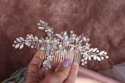 Opal Crystal Flower Bridal Comb, Silver Wedding Hair Piece, 6 Inch