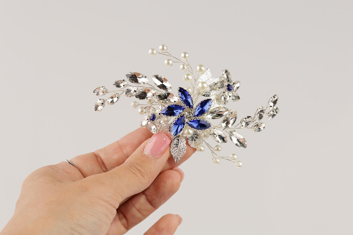 Blue Crystal Wedding Hair Comb, Silver Pearls & Rhinestone Bridal Hairpiece