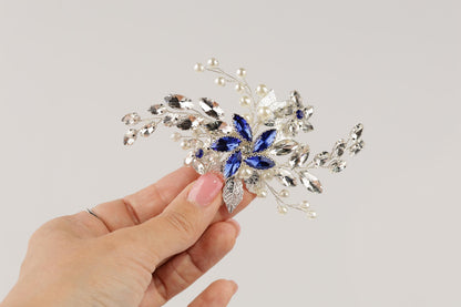 Blue Crystal Wedding Hair Comb, Silver Pearls & Rhinestone Bridal Hairpiece