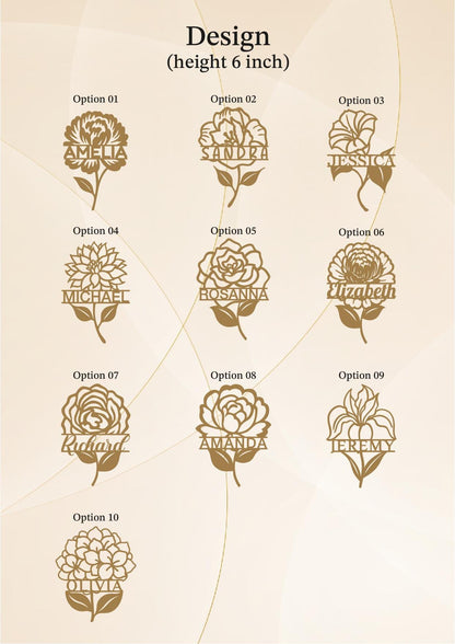 a collection of nine different floral designs, each featuring a unique name or title. The designs are arranged in a grid format, with three rows and three columns. The names of the designs are displayed in a gold color, and the titles are written in a smaller font size. The image does not contain any text that can be described in more detail, and it does not include any additional information about the content or context of the image.