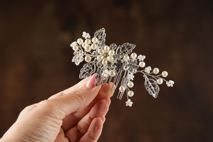 Pearl Floral Bridal Hair Comb, Silver Wedding Hairpiece