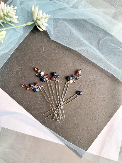 Wine Blue Crystal Pearl Wedding Hair Pins, Bridal Hairpiece Set, Elegant Updo Pins