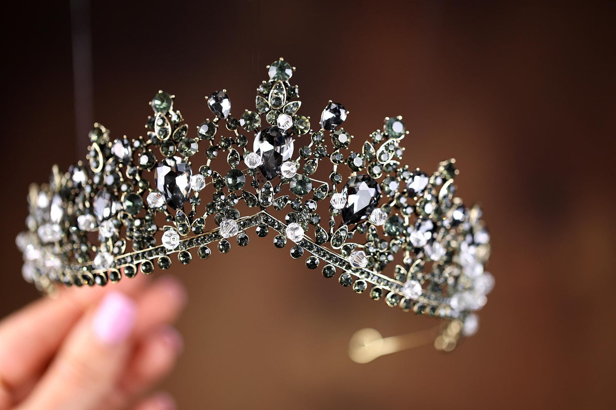Black Crystal Bridal Tiara, Gold Plated Gothic Wedding Crown, Alternative Bride Headpiece