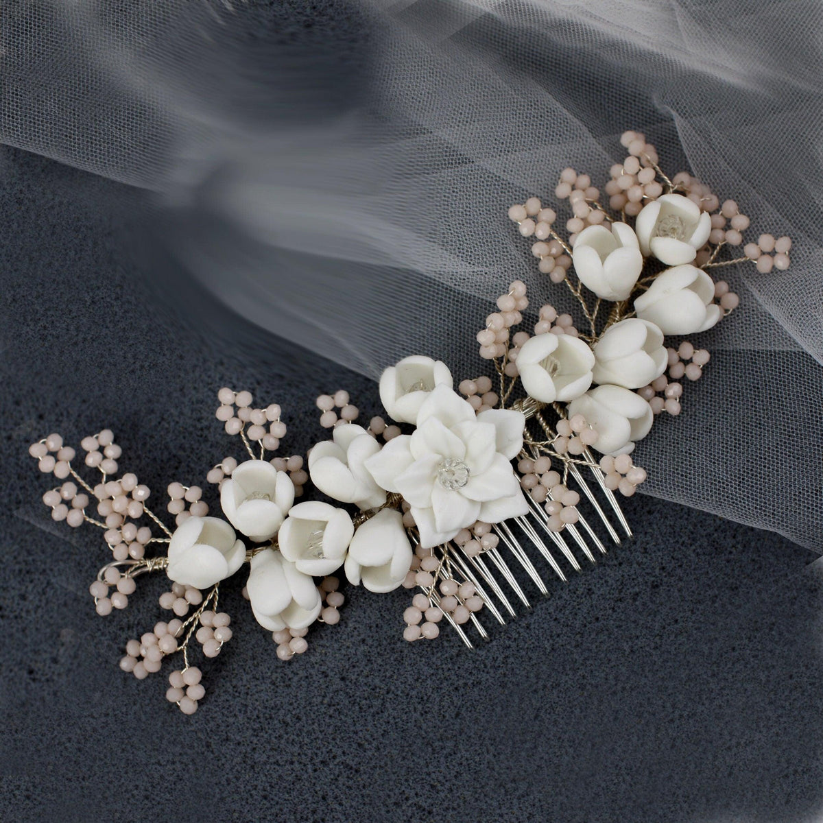 White Porcelain Flower Bridal Comb, Silver Wedding Hair Piece, 6 Inch