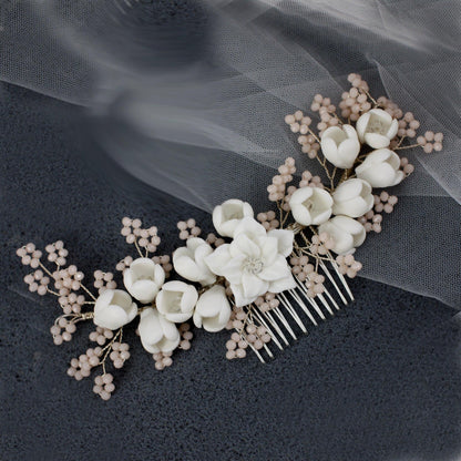White Porcelain Flower Bridal Comb, Silver Wedding Hair Piece, 6 Inch