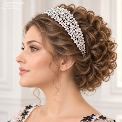 A woman with curled hair styled in an elegant updo, wearing a large, sparkling tiara.