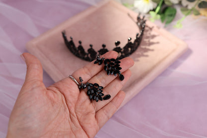 Black Crystal Tiara and Earrings Set, Gothic Wedding Headpiece, Bridal Crown Set