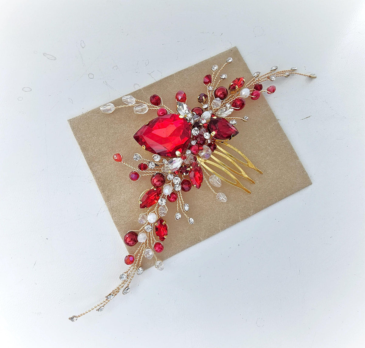 Red Crystal Wedding Hair Comb, Gold Bridal Hairpiece with Pearls, Bridesmaids Accessory