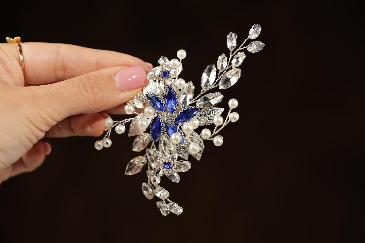 Blue Crystal Wedding Hair Comb, Silver Pearls & Rhinestone Bridal Hairpiece