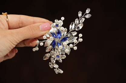 Blue Crystal Wedding Hair Comb, Silver Pearls & Rhinestone Bridal Hairpiece