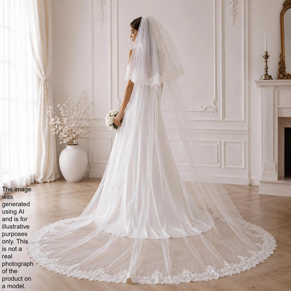 A bride in a white wedding dress stands in a room with a fireplace, holding a bouquet of flowers and wearing a long, flowing veil.