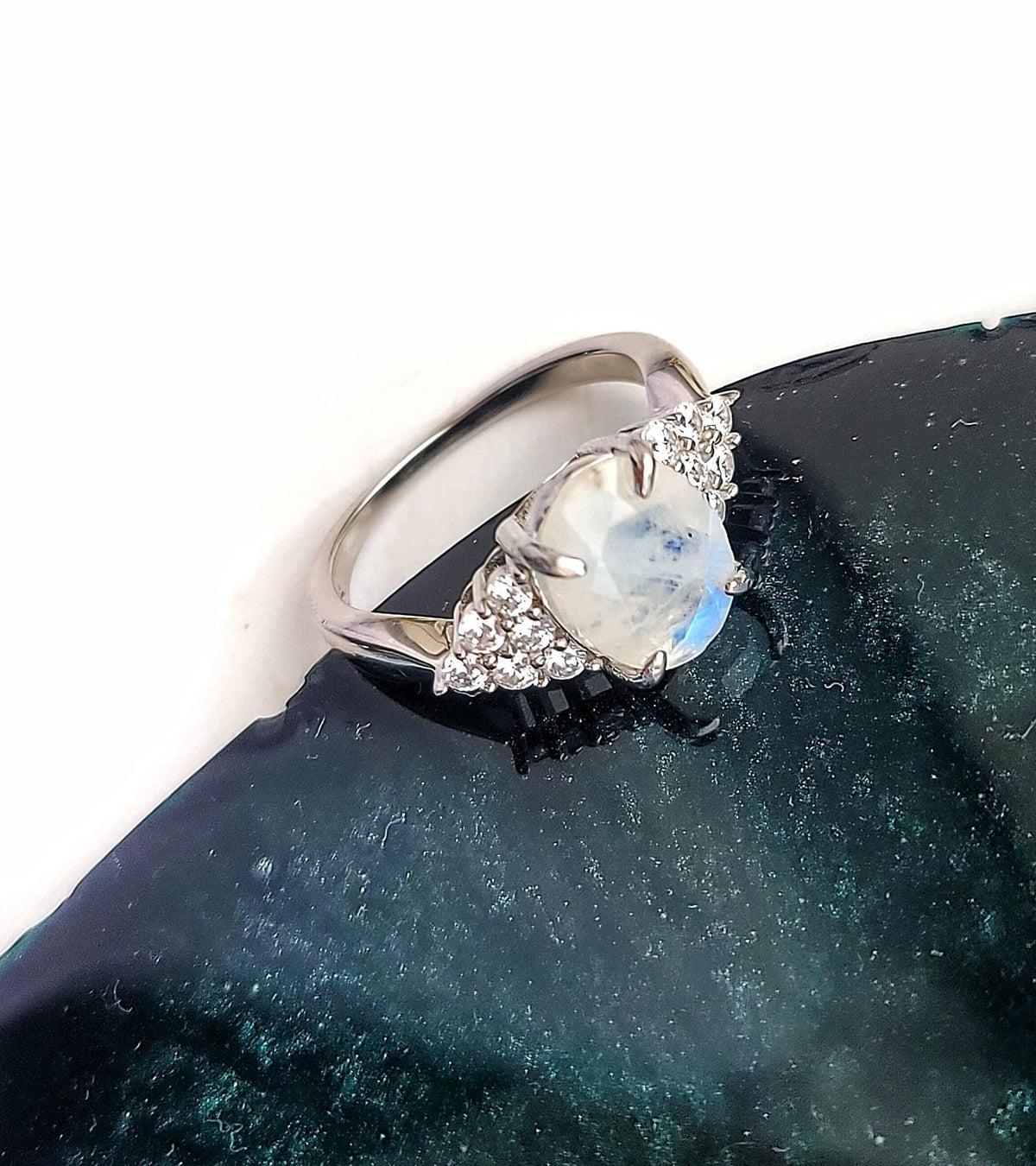 Dainty Moonstone Ring: Rhodium Plated 925 Sterling Silver Engagement Jewelry