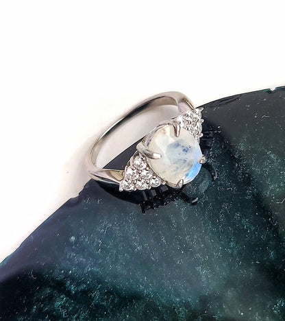 Dainty Moonstone Ring: Rhodium Plated 925 Sterling Silver Engagement Jewelry