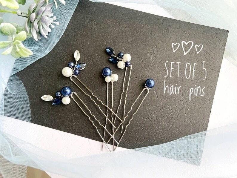Pearl Blue Bridal Hair Pins Set of 5, Crystal Wedding Hairpiece, Something Blue Pins