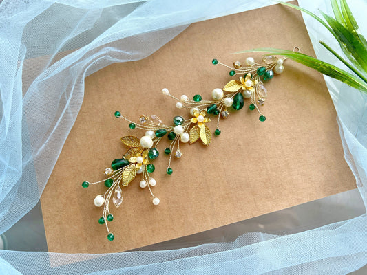 Handmade Gold Flower Emerald Crystal Bridal Hair Vine