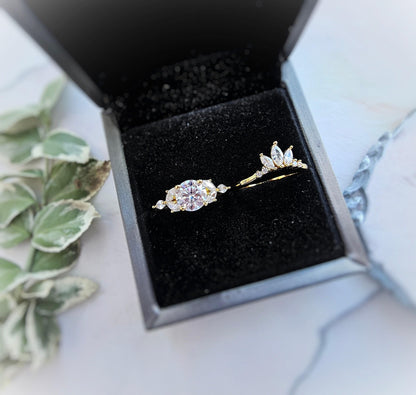 Moissanite Engagement Ring Set: Yellow Gold Plated Silver Wedding Crown