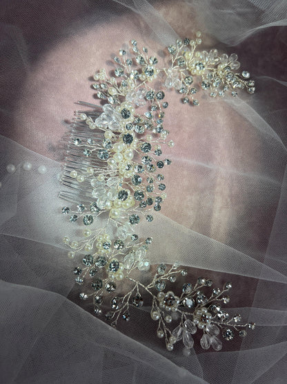 Pearl Rhinestone Wedding Hair Comb, Silver Bridal Hairpiece