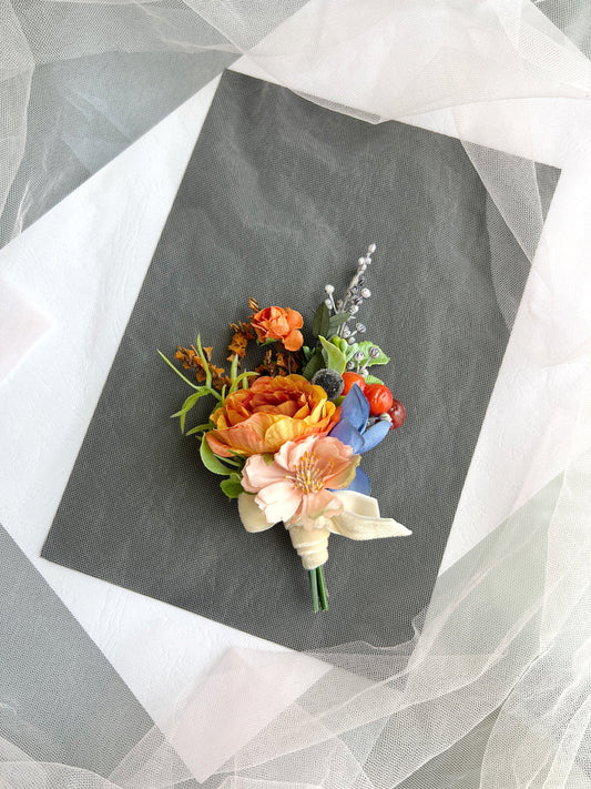 Orange Rose Grooms Boutonniere: Navy Accent Wedding Corsage