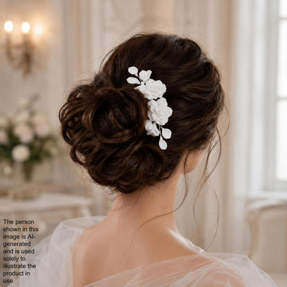 a woman's back view with her hair styled in a bun, adorned with a white flower accessory.