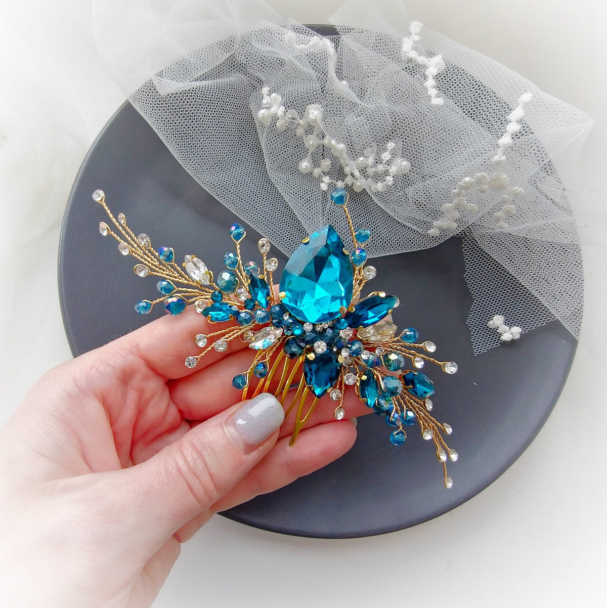 Gold Turquoise@Teal Crystal Wedding Hair Comb. Gold Wedding Hair Piece. Bridesmaids Hair Piece. Wedding Hair Jewelry. Prom hair comb VF-567