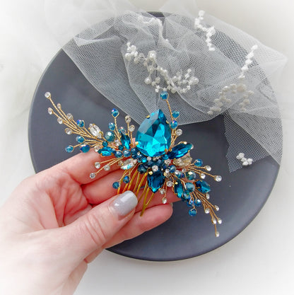 Gold Turquoise@Teal Crystal Wedding Hair Comb. Gold Wedding Hair Piece. Bridesmaids Hair Piece. Wedding Hair Jewelry. Prom hair comb VF-567